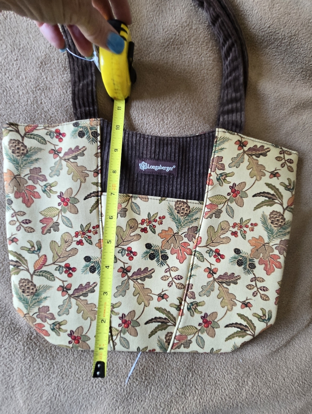 90's Rare Longaberger Floral Tapestry Tote in Cream with Brown Trim